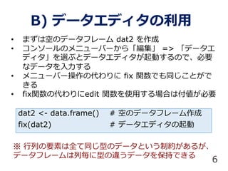 ? ޤϿդΥǩ`ե` dat2 
? 󥽩`Υ˥`Щ`顸 => ǩ`
ǥx֤ȥǩ`ǥӤΤǡҪ
ʥǩ`
? ˥`Щ`δ fix vǤͬȤ

? fixvδedit vʹäϤϸҪ
B) ǩ`ǥ
dat2 <- data.frame() # դΥǩ`ե`
fix(dat2) # ǩ`ǥ
6
 ФҪؤȫͬͤΥǩ`ȤƼs뤬
ǩ`ե`Кͤ`ǩ`򱣳֤Ǥ
 