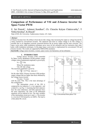 E. Sai Prateek et al Int. Journal of Engineering Research and Applications www.ijera.com
ISSN : 2248-9622, Vol. 4, Issue 5( Version 7), May 2014, pp.99-105
www.ijera.com 99 | P a g e
Comparison of Performance of VSI and Z-Source Inverter for
Space Vector PWM
E. Sai Prateek1
, Ashmeet Kandhari2
, Ch. Chenchu Kalyan Chakravarthy3
, T
Nithin Krishna4
, K.Dinesh5
Dept of EEE, KL University, Vaddeswaram, Guntur, A.P., India
Abstract
Z-Source Inverters have the ability to boost the dc link voltage, thus increasing the output ac voltage beyond the
values reached by conventional inverters. The enhanced ratio from ac output voltage to dc link voltage is
possible due to an impedance network connected between the dc power supply and the main converter. The
space vector pulse width modulation techniques gives more dc bus utilisation and low harmonics than other
pulse width modulation techniques. In this paper space vector pwm is implemented for conventional VSI and
Zsource inverter. The results are supported by SIMULINK simulation
keywords: voltage source inverters, z-source, spece vector, low harmonics, dc bus utilisation
I. INTRODUCTION
Voltage Source Inverters (VSI) controlled
by Space Vector Modulators (SVM) produce output
voltages whose fundamental amplitude is given by[6]
Vs = * Vdc
Where M- modulation index
Vdc- DC link voltage
The maximum amplitude is given by
Vs = = 0.57*Vdc when m=1
On the other hand, Z-Source Inverters (ZSI) produce
output voltages that are higher than those obtained by
the Voltage source inverter
Vzs,max > Vs,max
with the same VDc. This is the main advantage of
this configuration.
The intermediate circuit of the ZSI is
composed by two inductors, L z, two capacitors , and
a diode D z, see Fig. 2. Assuming that both inductors
have the same inductance, and both capacitors have
the same capacitance, the order of the differential
equations can be reduced in two. The state variables
of the intermediate circuit are iz and v z. The inverter
is a two-level VSI formed by six IGBTs. The load is
a three phase RL circuit.
Fig.1 Conventional three phase VSI
RESEARCH ARTICLE OPEN ACCESS
 