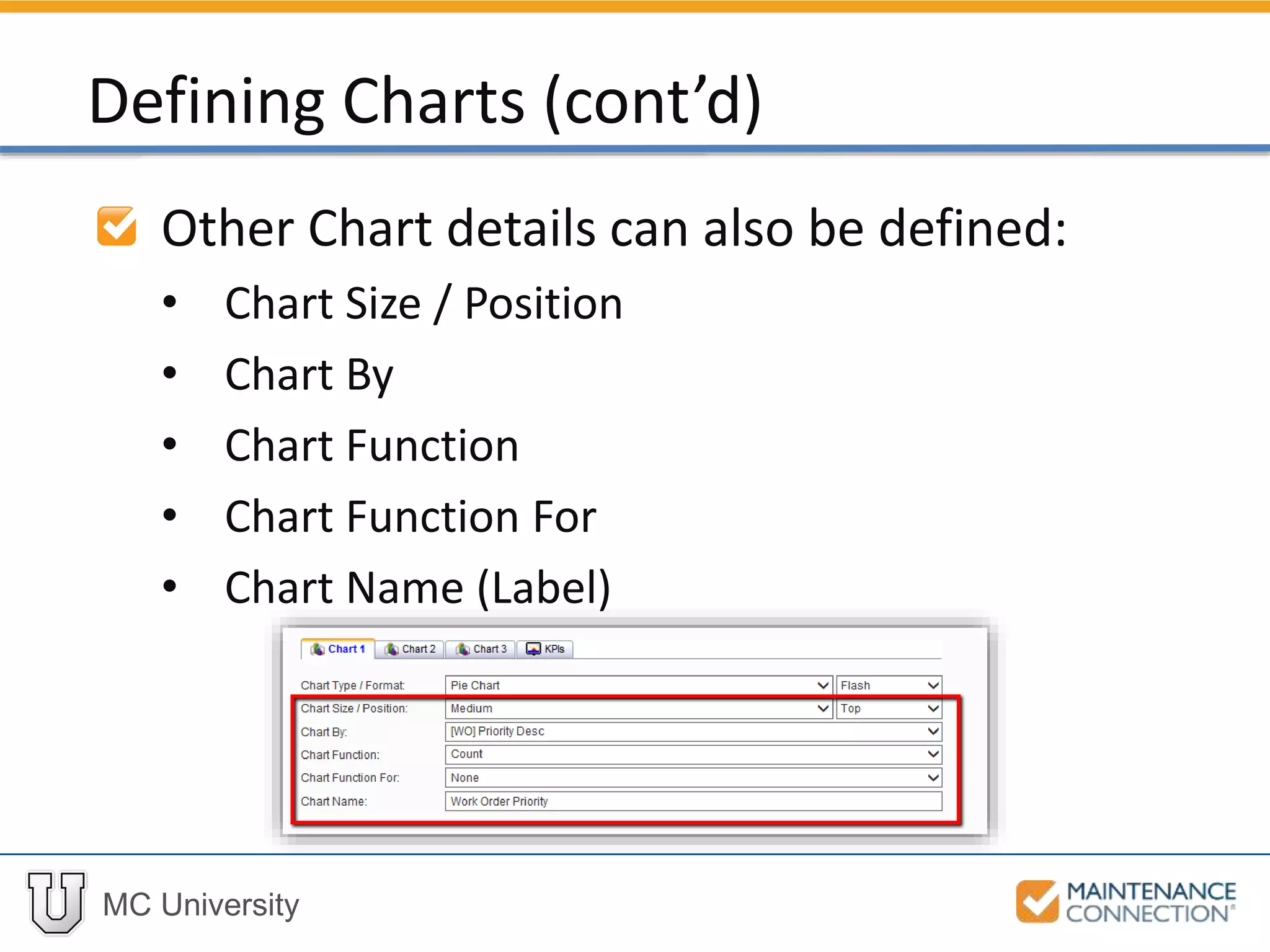 MC University
Other Chart details can also be defined:
• Chart Size / Position
• Chart By
• Chart Function
• Chart Function For
• Chart Name (Label)
Defining Charts (cont’d)
 
