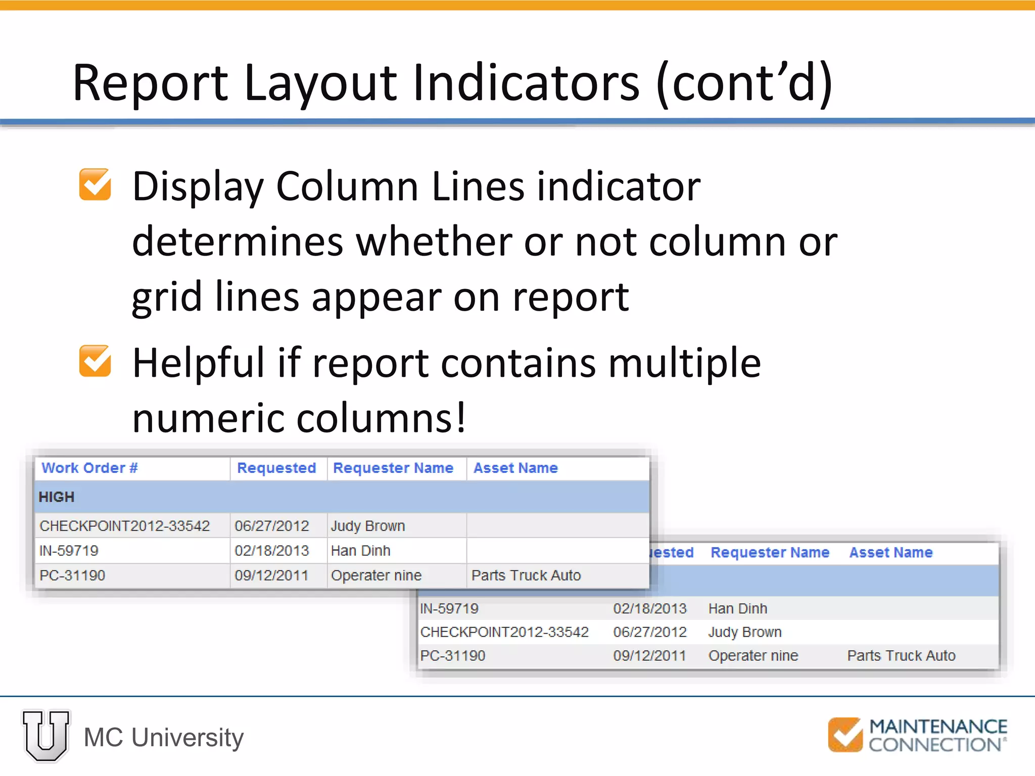 MC University
Display Column Lines indicator
determines whether or not column or
grid lines appear on report
Helpful if report contains multiple
numeric columns!
Report Layout Indicators (cont’d)
 