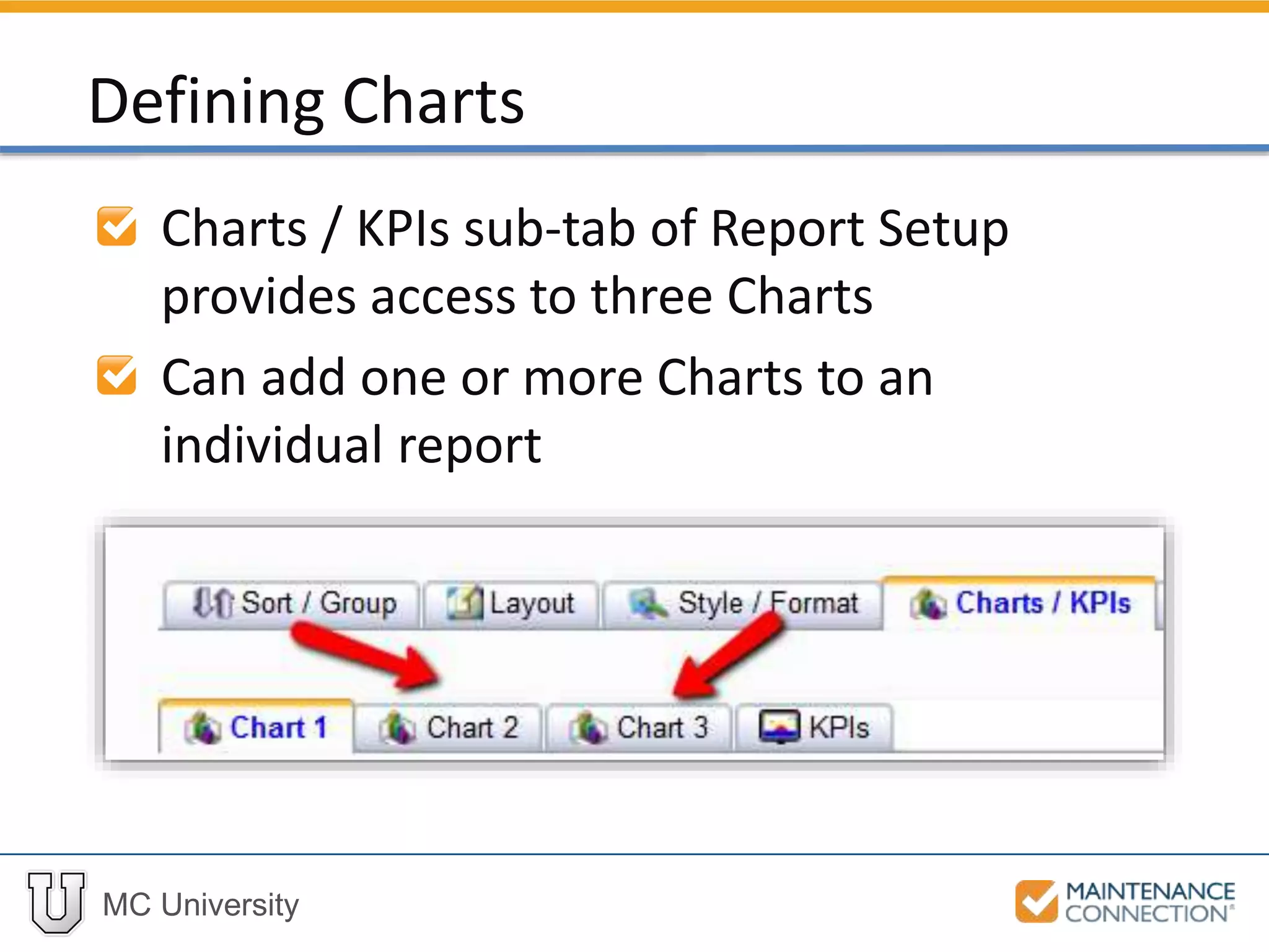 MC University
Charts / KPIs sub-tab of Report Setup
provides access to three Charts
Can add one or more Charts to an
individual report
Defining Charts
 