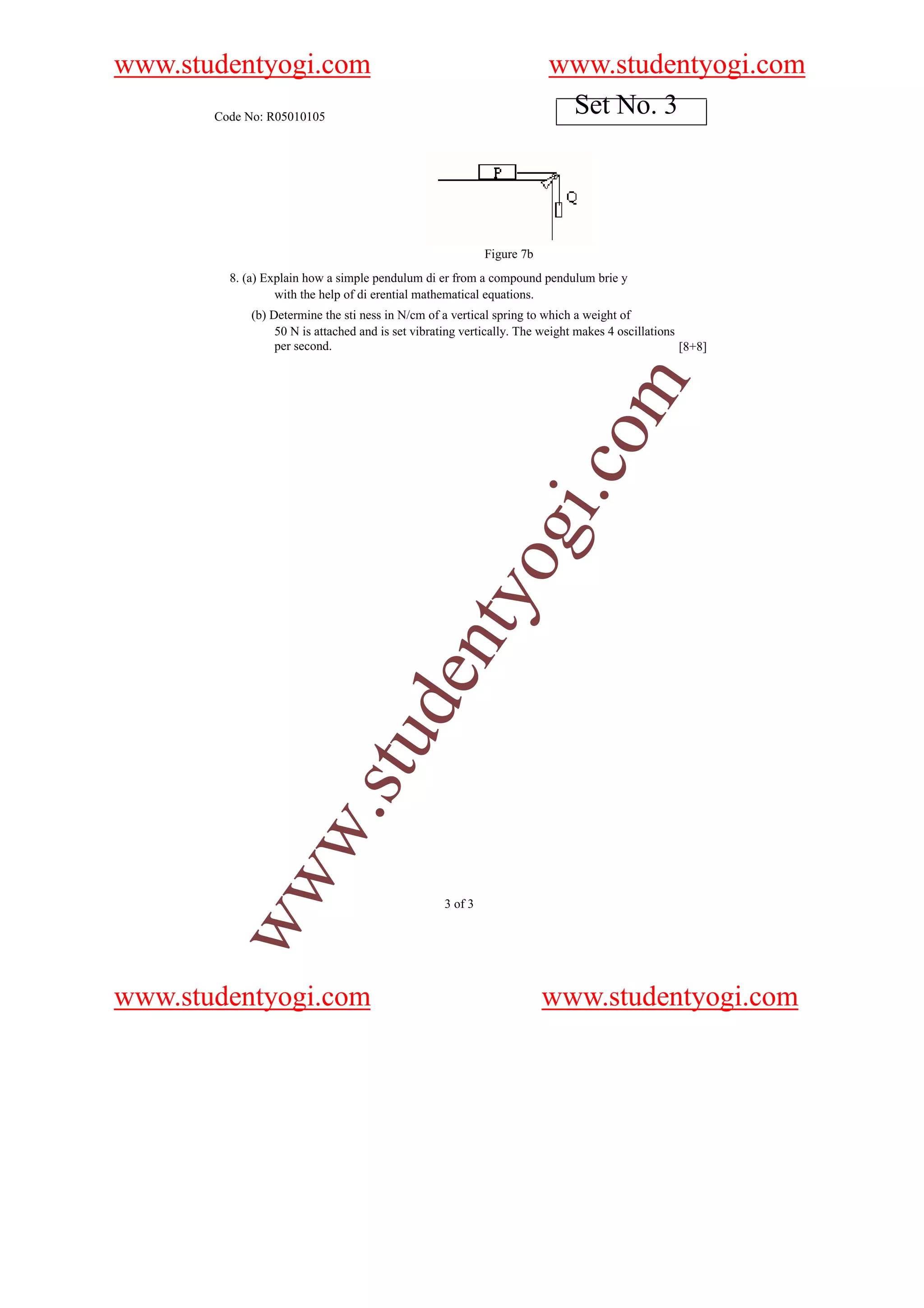 www.studentyogi.com                                                      www.studentyogi.com
       Code No: R05010105
                                                                          Set No. 3




                                                             Figure 7b
         8. (a) Explain how a simple pendulum di er from a compound pendulum brie y
                  with the help of di erential mathematical equations.
             (b) Determine the sti ness in N/cm of a vertical spring to which a weight of
                  50 N is attached and is set vibrating vertically. The weight makes 4 oscillations
                  per second.                                                                       [8+8]




                                                                              om
                                                                         i.c
                                                             og
                                                 nty
                               u        de
           w               .st
        ww




                                                    3 of 3




www.studentyogi.com                                                      www.studentyogi.com
 