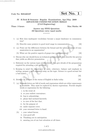 JNTUW
ORLD
Code No: R05420107 Set No. 1
IV B.Tech II Semester Regular Examinations, Apr/May 2009
ADVANCED COMMUNICATION SKILLS
(Civil Engineering)
Time: 3 hours Max Marks: 80
Answer any FIVE Questions
All Questions carry equal marks
⋆ ⋆ ⋆ ⋆ ⋆
1. (a) How does inadequate vocabulary become a major hindrance in communica-
tion?
(b) Describe some pointers to good word usage in communication. [16]
2. (a) Point out the diﬀerences between the formal and the informal means of com-
munication in an organization?
(b) What are the positive aspects of grape-vine communication? [16]
3. Discuss why one should focus on technical presentations? Also describe the process
that yields an eﬀective presentation. [16]
4. Elaborate on the various types of interviews? Also give details of the preparations
required for attending a job interview. [16]
5. Keeping in mind the importance of unity, coherence, balance and emphasis in
writing, prepare a well organized essay on the topic: Science is a good servant but
a bad master.
[16]
6. Attempt an account of the status of English in India today. [16]
7. (a) Business letters are full of words and expressions which are either unnecessary
or avoidable. They must be replaced by shorter expressions. Provide simpler
words or expressions for the following:
i. in the event of.
ii. at your earliest convenience.
iii. beg to acknowledge.
iv. please ﬁnd enclosed herewith.
v. in view of the fact that.
vi. for the purpose of.
vii. under separate cover.
viii. your esteemed letter to hand.
(b) i. your valued favour.
ii. your good self.
iii. Thanking you in anticipation.
iv. assuring you of our best attention at all times.
1 of 2
www.jntuworld.com
www.jntuworld.com
 