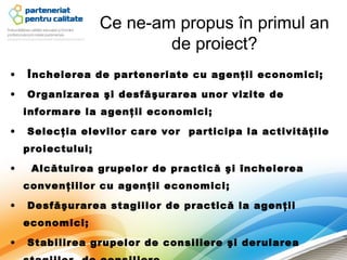Ce ne-am propus în primul an
                           de proiect?
•   Încheierea de parteneriate cu agenţii economici;

•   Organizarea şi desfăşurarea unor vizite de
    informare la agenţii economici;

•   Selecţia elevilor care vor participa la activităţile
    proiectului;

•    Alcătuirea grupelor de practică şi încheierea
    convenţiilor cu agenţii economici;

•   Desfăşurarea stagiilor de practică la agenţii
    economici;

•   Stabilirea grupelor de consiliere şi derularea
 