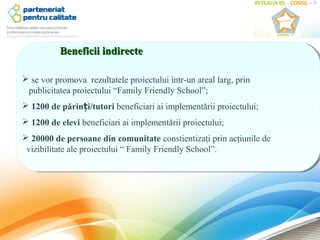 Beneficii indirecte

 se vor promova rezultatele proiectului într-un areal larg, prin
 publicitatea proiectului “Family Friendly School”;
 1200 de părinți/tutori beneficiari ai implementării proiectului;
 1200 de elevi beneficiari ai implementării proiectului;
 20000 de persoane din comunitate constientizaţi prin acţiunile de
 vizibilitate ale proiectului “ Family Friendly School”.
 