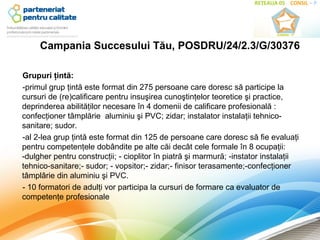 Campania Succesului Tău, POSDRU/24/2.3/G/30376

Grupuri ţintă:
-primul grup ţintă este format din 275 persoane care doresc să participe la
cursuri de (re)calificare pentru insuşirea cunoştinţelor teoretice şi practice,
deprinderea abilităţilor necesare în 4 domenii de calificare profesională :
confecţioner tâmplărie aluminiu şi PVC; zidar; instalator instalaţii tehnico-
sanitare; sudor.
-al 2-lea grup ţintă este format din 125 de persoane care doresc să fie evaluaţi
pentru competenţele dobândite pe alte căi decât cele formale în 8 ocupaţii:
-dulgher pentru construcţii; - cioplitor în piatră şi marmură; -instator instalaţii
tehnico-sanitare;- sudor; - vopsitor;- zidar;- finisor terasamente;-confecţioner
tâmplârie din aluminiu şi PVC.
- 10 formatori de adulţi vor participa la cursuri de formare ca evaluator de
competenţe profesionale
 
