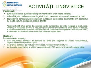 ACTIVITĂȚI LINGVISTICE
Facilitează:
 cunoașterea unei culturi diferite prin intermediul unor opere literare;
 îmbunătățirea performanțelor lingvistice prin exersare intr-un cadru natural și real;
 dezvoltarea conceptului de cetățean european, aprecierea diversității prin contactul
   cu o altă cultură, civilizație, religie diferită

   Aceste activități oferă şansa de a exersa practic cunoștințele de limba (engleză şi turcă, resp.
   română) în realizarea efectivă a traducerii şi adaptarea textelor literare alese spre a fi traduse,
   în comunicarea eficientă în cadrul echipelor mixte, în asumarea conştientă a sarcinilor de lucru,
   în evaluarea împlinirii sarcinilor de lectură, memorare şi recitare.

Realizari:
În cadrul acestor activități:
 s-au îmbunătățit abilitățile de selecție de texte prin alegerea de poezii reprezentative,
    răspunzând nevoilor publicului ţintă
 s-a exersat abilitatea de traducere în engleză, respectiv în română/turcă
 s-a încurajat creativitatea și utilizarea competențelor TIC, precum și munca în echipe mixte.
 