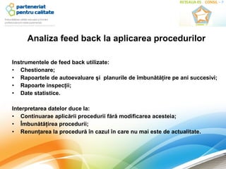 Analiza feed back la aplicarea procedurilor

Instrumentele de feed back utilizate:
• Chestionare;
• Rapoartele de autoevaluare şi planurile de îmbunătăţire pe ani succesivi;
• Rapoarte inspecţii;
• Date statistice.

Interpretarea datelor duce la:
• Continuarae aplicării procedurii fără modificarea acesteia;
• Îmbunătăţirea procedurii;
• Renunţarea la procedură în cazul în care nu mai este de actualitate.
 
