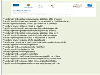 Procedura privind efectuarea serviciului pe şcoală de către profesori
Procedura privind simularea examenului de bacalaureat la nivel de institutie
Procedura privind stabilirea orarului de functionare al bibliotecii
Procedura privind testarea iniţială a elevilor
Procedura privind urmărirea traseului profesional al absolventilor
Procedura privind organizarea activitătii în spatiile de practică
Procedura privind efectuarea serviciului pe scoala de catre elevi
Procedura privind implicarea parintilor in educatia institutionala
Procedura privind protectia muncii în laboratoare si cabinete
Procedura privind revizuirea ofertei educationale
Procedura de recuperare si gestionare a manualelor scolare transmisibile
Procedura privind controlul inregistrarilor
Procedura privind controlul produsului neconform
Procedura privind actiunile corective
Procedura privind actiunile preventive
Procedura privind controlul documentelor
Procedura privind planificarea si efectuarea concediilor de odihna
Procedura privind motivarea absentelor la orele instructiv-educative
Procedura privind verificarea notarii ritmice si planificarii tezelor
Procedura privind gestionarea si completarea registrelor matricole
 