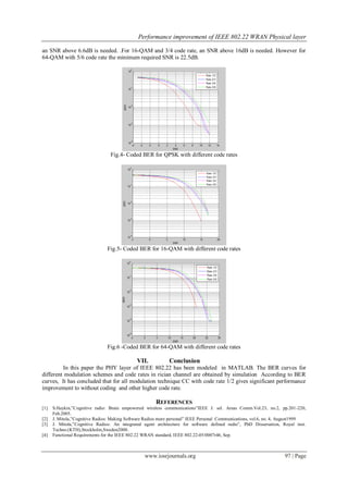 Performance improvement of IEEE 802.22 WRAN Physical layer
www.iosrjournals.org 97 | Page
an SNR above 6.6dB is needed. .For 16-QAM and 3/4 code rate, an SNR above 16dB is needed. However for
64-QAM with 5/6 code rate the minimum required SNR is 22.5dB.
Fig.4- Coded BER for QPSK with different code rates
Fig.5- Coded BER for 16-QAM with different code rates
Fig.6 -Coded BER for 64-QAM with different code rates
VII. Conclusion
In this paper the PHY layer of IEEE 802.22 has been modeled in MATLAB. The BER curves for
different modulation schemes and code rates in rician channel are obtained by simulation According to BER
curves, It has concluded that for all modulation technique CC with code rate 1/2 gives significant performance
improvement to without coding and other higher code rate.
REFERENCES
[1] S.Haykin,”Cognitive radio: Brain empowered wireless communications”IEEE J. sel. Areas Comm.Vol.23, no.2, pp.201-220,
Feb.2005.
[2] J. Mitola,”Cognitive Radios: Making Software Radios more personal” IEEE Personal Communications, vol.6, no. 4, August1999
[3] J. Mitola,”Cognitive Radios: An integrated agent architecture for software defined radio”, PhD Dissersation, Royal inst.
Techno.(KTH),Stockholm,Sweden2000.
[4] Functional Requirements for the IEEE 802.22 WRAN standard, IEEE 802.22-05/0007r46, Sep.
 