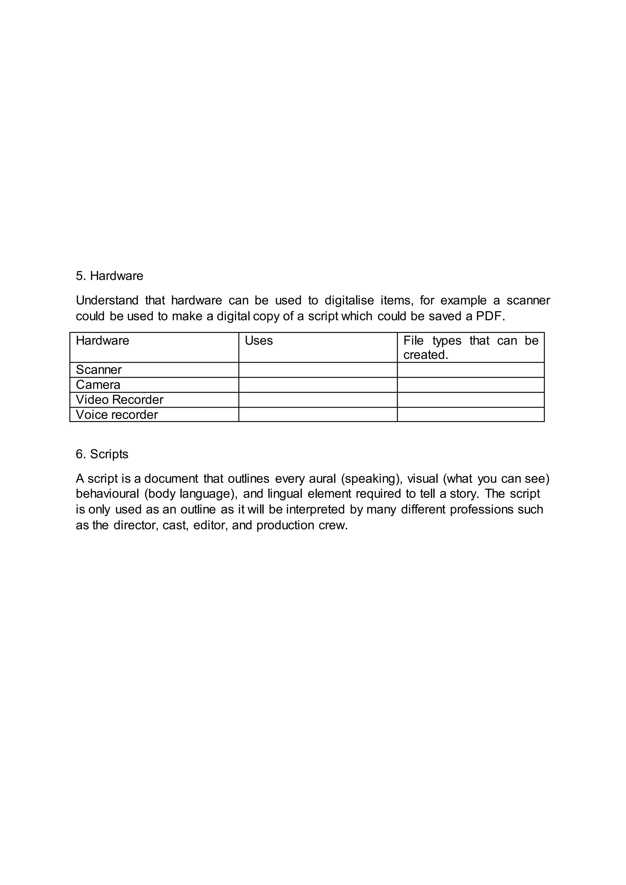 5. Hardware
Understand that hardware can be used to digitalise items, for example a scanner
could be used to make a digital copy of a script which could be saved a PDF.
Hardware Uses File types that can be
created.
Scanner
Camera
Video Recorder
Voice recorder
6. Scripts
A script is a document that outlines every aural (speaking), visual (what you can see)
behavioural (body language), and lingual element required to tell a story. The script
is only used as an outline as it will be interpreted by many different professions such
as the director, cast, editor, and production crew.
 