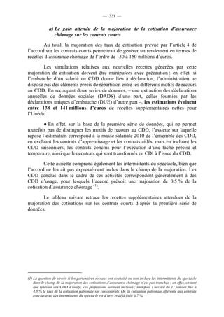 — 223 —


              a) Le gain attendu de la majoration de la cotisation d’assurance
                 chômage sur les contrats courts

        Au total, la majoration des taux de cotisation prévue par l’article 4 de
l’accord sur les contrats courts permettrait de générer un rendement en termes de
recettes d’assurance chômage de l’ordre de 130 à 150 millions d’euros.

        Les simulations relatives aux nouvelles recettes générées par cette
majoration de cotisation doivent être manipulées avec précaution : en effet, si
l’embauche d’un salarié en CDD donne lieu à déclaration, l’administration ne
dispose pas des éléments précis de répartition entre les différents motifs de recours
au CDD. En recoupant deux séries de données, – une extraction des déclarations
annuelles de données sociales (DADS) d’une part, celles fournies par les
déclarations uniques d’embauche (DUE) d’autre part –, les estimations évoluent
entre 138 et 141 millions d’euros de recettes supplémentaires nettes pour
l’Unédic.

        ● En effet, sur la base de la première série de données, qui ne permet
toutefois pas de distinguer les motifs de recours au CDD, l’assiette sur laquelle
repose l’estimation correspond à la masse salariale 2010 de l’ensemble des CDD,
en excluant les contrats d’apprentissage et les contrats aidés, mais en incluant les
CDD saisonniers, les contrats conclus pour l’exécution d’une tâche précise et
temporaire, ainsi que les contrats qui sont transformés en CDI à l’issue du CDD.

         Cette assiette comprend également les intermittents du spectacle, bien que
l’accord ne les ait pas expressément inclus dans le champ de la majoration. Les
CDD conclus dans le cadre de ces activités correspondent généralement à des
CDD d’usage, pour lesquels l’accord prévoit une majoration de 0,5 % de la
cotisation d’assurance chômage (1).

       Le tableau suivant retrace les recettes supplémentaires attendues de la
majoration des cotisations sur les contrats courts d’après la première série de
données.




(1) La question de savoir si les partenaires sociaux ont souhaité ou non inclure les intermittents du spectacle
    dans le champ de la majoration des cotisations d’assurance chômage n’est pas tranchée : en effet, en tant
    que relevant des CDD d’usage, ces professions seraient incluses ; toutefois, l’accord du 11 janvier fixe à
    4,5 % le taux de la cotisation patronale sur ces contrats. Or, la cotisation patronale afférente aux contrats
    conclus avec des intermittents du spectacle est d’ores et déjà fixée à 7 %.
 