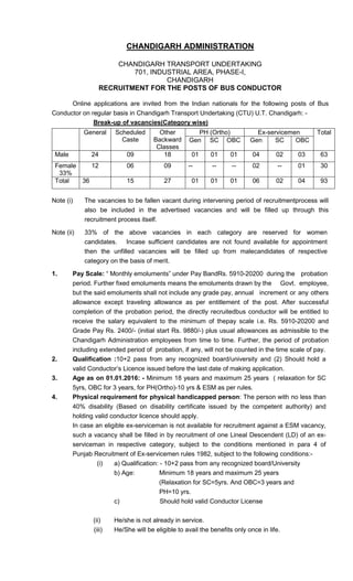 CHANDIGARH ADMINISTRATION
CHANDIGARH TRANSPORT UNDERTAKING
701, INDUSTRIAL AREA, PHASE-I,
CHANDIGARH
RECRUITMENT FOR THE POSTS OF BUS CONDUCTOR
Online applications are invited from the Indian nationals for the following posts of Bus
Conductor on regular basis in Chandigarh Transport Undertaking (CTU) U.T. Chandigarh: -
Break-up of vacancies(Category wise)
General Scheduled
Caste
Other
Backward
Classes
PH (Ortho) Ex-servicemen Total
Gen SC OBC Gen SC OBC
Male 24 09 18 01 01 01 04 02 03 63
Female
33%
12 06 09 -- -- -- 02 -- 01 30
Total 36 15 27 01 01 01 06 02 04 93
Note (i) The vacancies to be fallen vacant during intervening period of recruitmentprocess will
also be included in the advertised vacancies and will be filled up through this
recruitment process itself.
Note (ii) 33% of the above vacancies in each category are reserved for women
candidates. Incase sufficient candidates are not found available for appointment
then the unfilled vacancies will be filled up from malecandidates of respective
category on the basis of merit.
1. Pay Scale: “ Monthly emoluments” under Pay BandRs. 5910-20200 during the probation
period. Further fixed emoluments means the emoluments drawn by the Govt. employee,
but the said emoluments shall not include any grade pay, annual increment or any others
allowance except traveling allowance as per entitlement of the post. After successful
completion of the probation period, the directly recruitedbus conductor will be entitled to
receive the salary equivalent to the minimum of thepay scale i.e. Rs. 5910-20200 and
Grade Pay Rs. 2400/- (initial start Rs. 9880/-) plus usual allowances as admissible to the
Chandigarh Administration employees from time to time. Further, the period of probation
including extended period of probation, if any, will not be counted in the time scale of pay.
2. Qualification :10+2 pass from any recognized board/university and (2) Should hold a
valid Conductor’s Licence issued before the last date of making application.
3. Age as on 01.01.2016: - Minimum 18 years and maximum 25 years ( relaxation for SC
5yrs, OBC for 3 years, for PH(Ortho)-10 yrs & ESM as per rules.
4. Physical requirement for physical handicapped person: The person with no less than
40% disability (Based on disability certificate issued by the competent authority) and
holding valid conductor licence should apply.
In case an eligible ex-serviceman is not available for recruitment against a ESM vacancy,
such a vacancy shall be filled in by recruitment of one Lineal Descendent (LD) of an ex-
serviceman in respective category, subject to the conditions mentioned in para 4 of
Punjab Recruitment of Ex-servicemen rules 1982, subject to the following conditions:-
(i) a) Qualification: - 10+2 pass from any recognized board/University
b) Age: Minimum 18 years and maximum 25 years
(Relaxation for SC=5yrs. And OBC=3 years and
PH=10 yrs.
c) Should hold valid Conductor License
(ii) He/she is not already in service.
(iii) He/She will be eligible to avail the benefits only once in life.
 