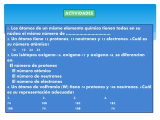 ACTIVIDADES
1. Los átomos de un mismo elemento químico tienen todos en su
núcleo el mismo número de ……………………………
2. Un átomo tiene 12 protones, 13 neutrones y 12 electrones. ¿Cuál es
su número atómico?
12 13 24 25
3. Los isótopos oxígeno-16, oxígeno-17 y oxígeno-18, se diferencian
en:
El número de protones
El número atómico
El número de neutrones
El número de electrones
4. Un átomo de volframio (W) tiene 74 protones y 108 neutrones. ¿Cuál
es su representación adecuada?
1. 2. 3. 4.
74 108 182 182
108 74 108 74
 