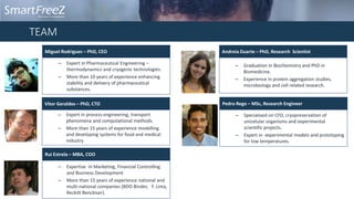 TEAM
Miguel Rodrigues – PhD, CEO
– Expert in Pharmaceutical Engineering –
thermodynamics and cryogenic technologies.
– More than 10 years of experience enhancing
stability and delivery of pharmaceutical
substances.
Vitor Geraldes – PhD, CTO
– Expert in process engineering, transport
phenomena and computational methods.
– More than 15 years of experience modelling
and developing systems for food and medical
industry
Rui Estrela – MBA, COO
– Expertise in Marketing, Financial Controlling
and Business Development
– More than 15 years of experience national and
multi-national companies (BDO Binder, F. Lima,
Reckitt Benckiser).
Pedro Rego – MSc, Research Engineer
– Specialised on CFD, cryopreservation of
unicelular organisms and experimental
scientific projects.
– Expert in experimental models and prototyping
for low temperatures.
Andreia Duarte – PhD, Research Scientist
– Graduation in Biochemistry and PhD in
Biomedicine.
– Experience in protein aggregation studies,
microbiology and cell related research.
 