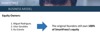 BUSINESS MODEL
1. Miguel Rodrigues
2. Vitor Geraldes
3. Rui Estrela
The original founders still own 100%
of SmartFreez’s equity
Equity Owners:
 