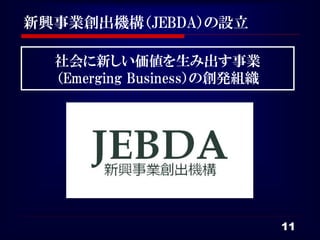 新興事業創出機構（JEBDA）の設立

  社会に新しい価値を生み出す事業
  （Emerging Business）の創発組織




                             11
 