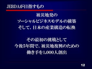 JEBDAが目指すもの
        被災地発の
   ソーシャルビジネスモデルの構築
   そして、日本の産業構造の転換

     その最初の挑戦として
  今後５年間で、被災地復興のための
     働き手を1,０００人創出

                     12
 