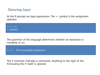 Entering Input 
At the R prompt we type expressions. The <- symbol is the assignment 
operator. 
> x <- 1 
> print(x) 
The grammar of the language determines whether an expression is 
complete or no. 
> x <- ## Incomplete expression 
The # character indicates a comments. Anything to the right of the 
#(including the # itself) is ignored 
 