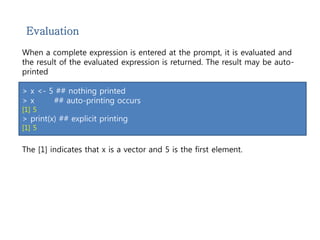 Evaluation 
When a complete expression is entered at the prompt, it is evaluated and 
the result of the evaluated expression is returned. The result may be auto-printed 
> x <- 5 ## nothing printed 
> x ## auto-printing occurs 
[1] 5 
> print(x) ## explicit printing 
[1] 5 
The [1] indicates that x is a vector and 5 is the first element. 
 