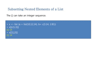 Subsetting Nested Elements of a List 
The [[ can take an integer sequence. 
> x <- list (a = list(10,12,14), b= c(3.14, 2.81)) 
> x[[c(1,3)]] 
[1] 14 
> x[[1],[3]] 
[1] 14 
 