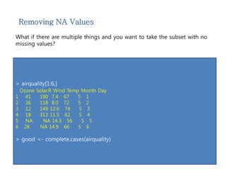 Removing NA Values 
What if there are multiple things and you want to take the subset with no 
missing values? 
> airquality[1:6,] 
Ozone Solar.R Wind Temp Month Day 
1 41 190 7.4 67 5 1 
2 36 118 8.0 72 5 2 
3 12 149 12.6 74 5 3 
4 18 313 11.5 62 5 4 
5 NA NA 14.3 56 5 5 
6 28 NA 14.9 66 5 6 
> good <- complete.cases(airquality) 
 