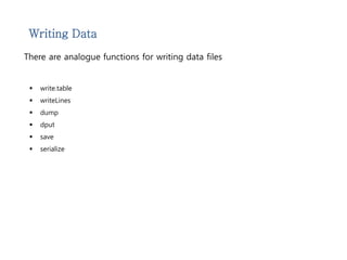 Writing Data 
There are analogue functions for writing data files 
 write.table 
 writeLines 
 dump 
 dput 
 save 
 serialize 
 