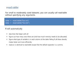 read.table 
For small to moderately sized datasets, you con usually call read.table 
without specifying any arguments. 
data <- read.table(‘foo.txt’) 
data <- read.table(“foo.txt”) 
R will automatically 
 skip lines that begin with a# 
 figure out how many rows there are (and how much memory needs to be allocated) 
 figure what type of variable is in each column of the table Telling R all these directly 
makes faster and more efficiently 
 read.csv is identical to read.table except that the default separator is a comma. 
 