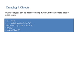 Dumping R Objects 
Multiple objects can be deparsed using dump function and read back in 
using source 
>x <- “foo” 
>y <- data.frame(a=1, b=“a”) 
>dump(c(“x”,”y”), file = “data.R”) 
>rm(x,y) 
>source(“data.R”) 
 