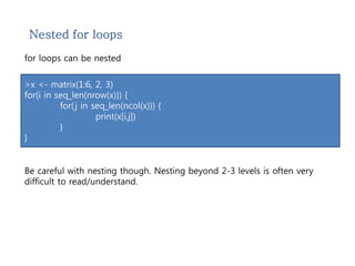 Nested for loops 
for loops can be nested 
>x <- matrix(1:6, 2, 3) 
for(i in seq_len(nrow(x))) { 
for( j in seq_len(ncol(x))) { 
print(x[i,j]) 
} 
} 
Be careful with nesting though. Nesting beyond 2-3 levels is often very 
difficult to read/understand. 
 