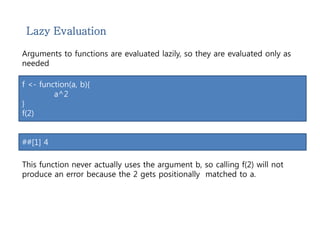 Lazy Evaluation 
Arguments to functions are evaluated lazily, so they are evaluated only as 
needed 
f <- function(a, b){ 
a^2 
} 
f(2) 
##[1] 4 
This function never actually uses the argument b, so calling f(2) will not 
produce an error because the 2 gets positionally matched to a. 
 