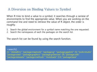 A Diversion on Binding Values to Symbol 
When R tries to bind a value to a symbol, it searches through a seriese of 
environments to find the appropriate value. When you are working on the 
command line and need to retrieve the value of R object, the order is 
roughly. 
1. Search the global environment for a symbol name matching the one requested. 
2. Search the namespaces of each the packages on the search list. 
The search list can be found by using the search function. 
>search() 
[1] ".GlobalEnv" "package:maptools" "package:sp" "package:ggplot2" [5] "tools:rstudio" 
"package:stats" "package:graphics" "package:grDevices" [9] "package:utils" 
"package:datasets" "package:methods" "Autoloads" [13] "package:base" 
 
