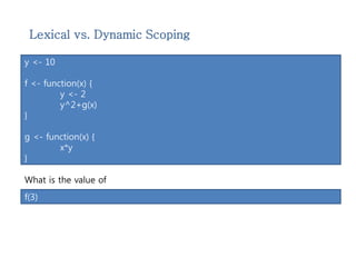 Lexical vs. Dynamic Scoping 
y <- 10 
f <- function(x) { 
y <- 2 
y^2+g(x) 
} 
g <- function(x) { 
x*y 
} 
What is the value of 
f(3) 
 