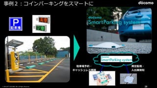 © 2016 NTT DOCOMO, INC. All Rights Reserved. 29
事例２：コインパーキングをスマートに
駐⾞場予約・
キャッシュレス精算
満空監視・
⼊出庫検知
＝
 