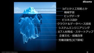 © 2016 NTT DOCOMO, INC. All Rights Reserved. 58
IoTとか⼈⼯知能とか
機械学習
ビッグデータ
ビジネス設計
システムエンジニアリング
クラウド＆データベース技術
ICT⼈材育成・スタートアップ
労働流動性(ICT領域）
企業⽂化・組織改⾰
 