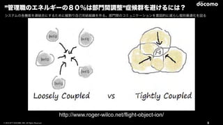 © 2016 NTT DOCOMO, INC. All Rights Reserved. 9
http://www.roger-wilco.net/flight-object-ion/
”管理職のエネルギーの８０％は部門間調整”症候群を避けるには？
システムの各機能を疎結合にするために縦割り自己完結組織を作る。部門間のコミュニケーションを意図的に減らし個別最適化を図る
 
