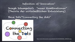 Joseph Schumpeter’s “neuer Kombinationen”
(Theorie der wirtschaftlichen Entwicklung)
Steve Jobs’“Connecting the dots”
Definition of “Innovation” 
http://www.inter-accion.org/uploads/2/9/3/9/2939460/_2603205.jpg
 