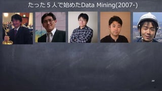 たった５⼈で始めたData Mining(2007-)
38
38
 
