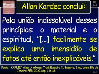 19/51
Inspiração
Allan Kardec conclui:
Fonte: KARDEC, Allan. A gênese. Trad. Evandro N. Bezerra. 1. ed. bolso. Rio de
Janeiro: FEB, 2010.cap. 1, it. 18.
Pela união indissolúvel desses
princípios: o material e o
espiritual, ”[...] facilmente se
explica uma imensidão de
fatos até então inexplicáveis.”
R3
3/3
 