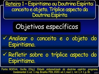 Objetivos específicos
Roteiro1–EspiritismoouDoutrinaEspírita:
conceitoeobjeto.Trípliceaspectoda
DoutrinaEspírita
4/51
 Analisar o conceito e o objeto do
Espiritismo.
 Refletir sobre o tríplice aspecto do
Espiritismo.
Fonte: ROCHA, Cecília (Org.). Estudo sistematizado da doutrina espírita: programa
fundamental.3.ed. 1.imp.Brasília:FEB,2020.vol.1,mod.1, rot.1,it.1,p.18.
 