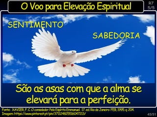 45/51
Fonte: XAVIER,F.C.Oconsolador.PeloEspíritoEmmanuel. 17.ed.RiodeJaneiro:FEB,1995.q.204.
Imagem:https://www.pinterest.pt/pin/371124825516047213/
SENTIMENTO
SABEDORIA
São as asas com que a alma se
elevará para a perfeição.
O Voo para Elevação Espiritual
R7
5/5
 