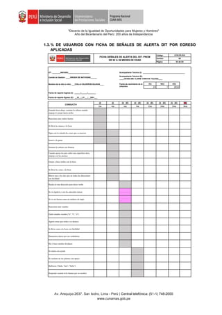 "Decenio de la Igualdad de Oportunidades para Mujeres y Hombres"
Año del Bicentenario del Perú: 200 años de Independencia
Av. Arequipa 2637. San Isidro, Lima - Perú | Central telefónica: (51-1) 748-2000
www.cunamas.gob.pe
1.3.% DE USUARIOS CON FICHA DE SEÑALES DE ALERTA DIT POR EGRESO
APLICADAS
 