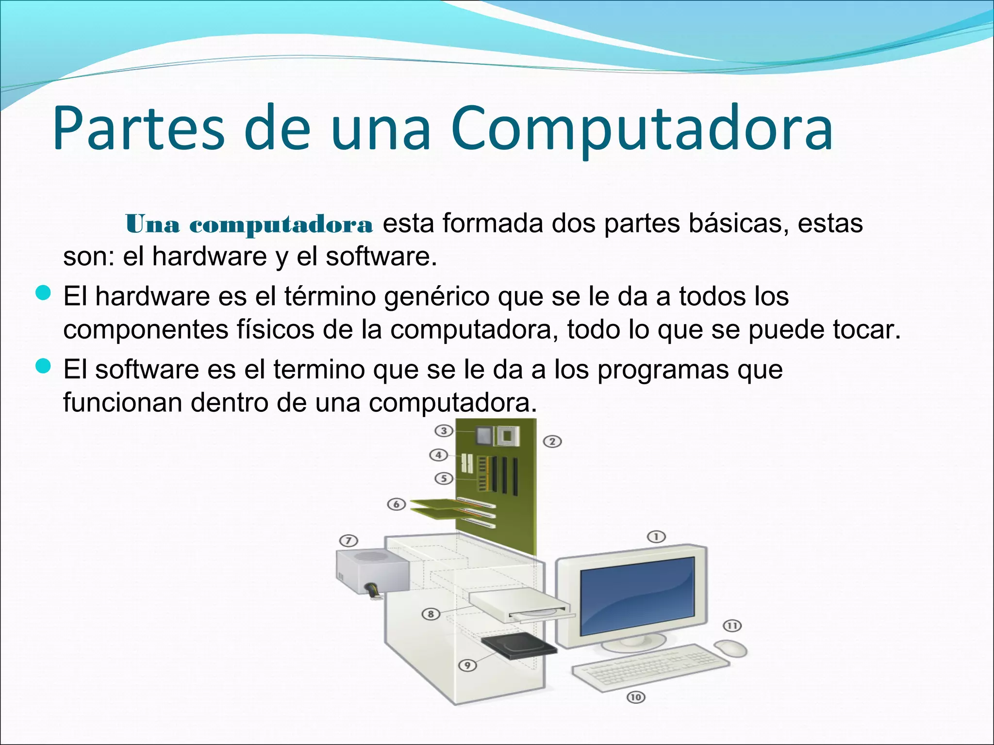 Partes de una Computadora
Una computadora esta formada dos partes básicas, estas
son: el hardware y el software.
El hardware es el término genérico que se le da a todos los
componentes físicos de la computadora, todo lo que se puede tocar.
El software es el termino que se le da a los programas que
funcionan dentro de una computadora.
 