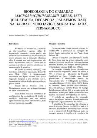 BIOECOLOGIA DO CAMARÃO
   MACROBRACHIUM JELSKII (MIERS, 1877)
 (CRUSTACEA, DECAPODA, PALAEMONIDAE)
NA BARRAGEM DO JAZIGO, SERRA TALHADA,
             PERNAMBUCO.
Izadora dos Santos Silva 1,3 e Girlene Fábia Segundo Viana2




Introdução                                                          Material e métodos

         No Brasil, são encontradas 18 espécies                         Foram realizadas coletas mensais, diurnas de
de Macrobrachium, algumas delas de                                  outubro/2008 a junho/2009 na Barragem do
importância econômica; outras, porém, são                           Jazigo, bacia hidrográfica do rio Pajeú, Serra
muito utilizadas como iscas em pescarias com                        Talhada, PE.
anzol, alimento para a população ribeirinha                             Utilizou-se um puçá com abertura de malha
além de compor uma parte importante na teia                         de 2mm, uma rede de arrasto retangular com
trófica de ambientes límnicos. Dentre estas se                      armação de tubo de pvc (2m x 1m) com abertura
destaca M. jelskii por também ser utilizada na                      de malha de 5mm, nas margens da barragem em
ornamentação de aquários.                                           profundidades variando de 20 cm a 100 cm.
         M. jelskii (“camarão sossego”), está                           Os camarões coletados foram colocados em
restrita ao ambiente de água doce e de acordo                       potes plásticos etiquetados, fixado em etanol a
com Melo (2003) é freqüentemente                                    70% e levados ao laboratório da Unidade
encontrada em águas escuras com pouca                               Acadêmica de Serra Talhada onde foram
vegetação marginal e em substrato lodoso,                           quantificados e identificados através de
águas transparentes e rápidas, com gramíneas,                       estereomicroscópio e bibliografia pertinente,
pedras e areia.                                                     entre elas, Holthuis (1952) e Melo (2003). Todos
         Poucas são as pesquisas sobre a                            os camarões foram pesados individualmente:
biologia deste animal para as águas interiores                      peso, em gramas, do camarão fixado em balança
do sertão pernambucano.                                             digital com precisão de 0,00 g; sexados, onde foi
                                                                    observada a presença do apêndice masculino nos
       Desta forma, nota-se a importância do
                                                                    machos, e a ausência deste apêndice nas fêmeas.
conhecimento da população do M. jelskii no
                                                                        O período de reprodução foi observado
semiárido nordestino para um melhor
                                                                    através da presença da massa de ovos presos aos
aproveitamento da pesca artesanal local, bem
                                                                    pleópodos na região abdominal das fêmeas.
como o incentivo à produção.
                                                                        A abundância dos camarões foi calculada a
                                                                    partir da seguinte fórmula: A= N.100/n, onde N é
                                                                    o número de indivíduos de cada táxon na amostra
                                                                    e n é o número total de indivíduos de todos os
                                                                    táxons na amostra. A freqüência de ocorrência foi

________________
1. Aluna do curso de Engenharia de Pesca da Universidade Federal Rural de Pernambuco - Unidade Acadêmica de Serra Talhada (UFRPE-UAST).
E-mail para contato: izadorasantos@yahoo.com.br
2. Professora do Curso de Engenharia de Pesca da Universidade Federal Rural de Pernambuco - Unidade Acadêmica de Serra Talhada (UFRPE-
UAST). E-mail: fabiaviana@uast.ufrpe.br.
3. Bolsista de Iniciação Científica – PIBIC / UFRPE
 