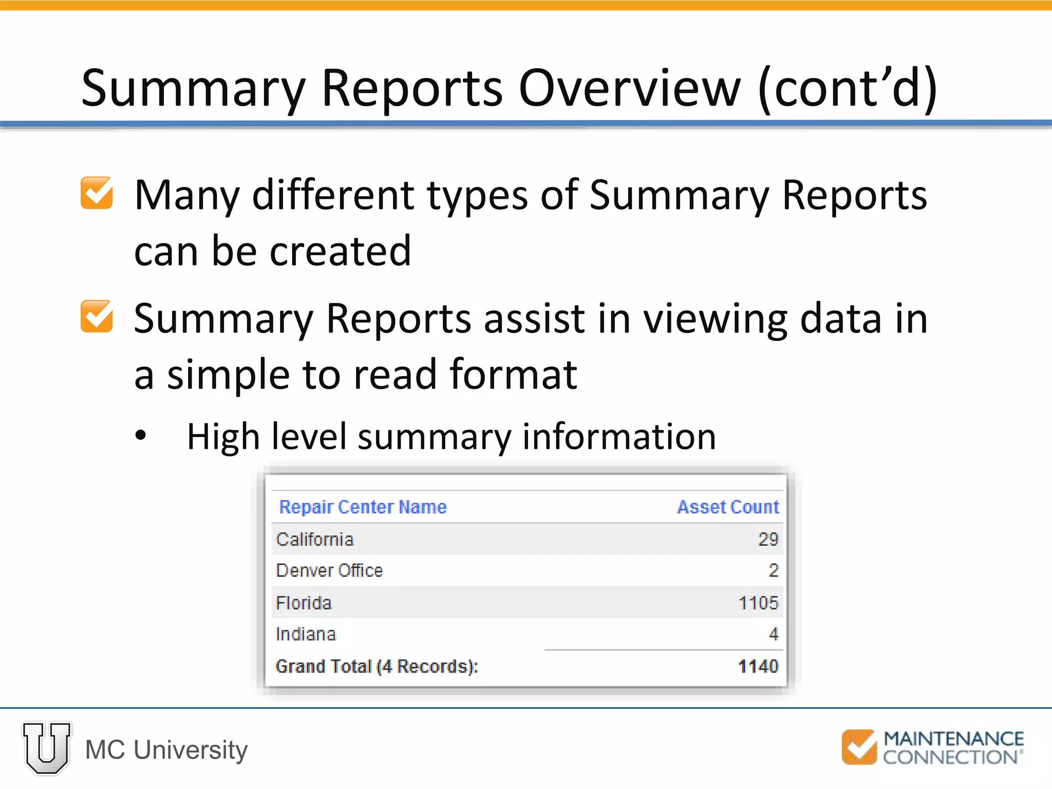 MC University
Many different types of Summary Reports
can be created
Summary Reports assist in viewing data in
a simple to read format
• High level summary information
Summary Reports Overview (cont’d)
 