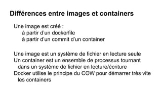 Différences entre images et containers
Une image est créé :
à partir d’un dockerfile
à partir d’un commit d’un container
Une image est un système de fichier en lecture seule
Un container est un ensemble de processus tournant
dans un système de fichier en lecture/écriture
Docker utilise le principe du COW pour démarrer très vite
les containers
 