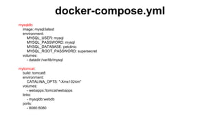 mysqldb:
image: mysql:latest
environment:
MYSQL_USER: mysql
MYSQL_PASSWORD: mysql
MYSQL_DATABASE: petclinic
MYSQL_ROOT_PASSWORD: supersecret
volumes:
- datadir:/var/lib/mysql
mytomcat:
build: tomcat8
environment:
CATALINA_OPTS: "-Xmx1024m"
volumes:
- webapps:/tomcat/webapps
links:
- mysqldb:webdb
ports:
- 8080:8080
docker-compose.yml
 