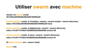 Utiliser swarm avec machine
docker run swarm create
5b7220ee08396d85d08dd9516946b226
docker-machine create -d virtualbox --swarm --swarm-master --swarm-discovery
token://5b7220ee08396d85d08dd9516946b226 head
docker-machine create -d digitalocean --swarm --swarm-discovery
token://31e61710169a7d3568502b0e9fb09d66 worker-00
docker-machine create -d azure --swarm --swarm-discovery
token://31e61710169a7d3568502b0e9fb09d66 worker-01
$(docker-machine env --swarm head)
docker info
 