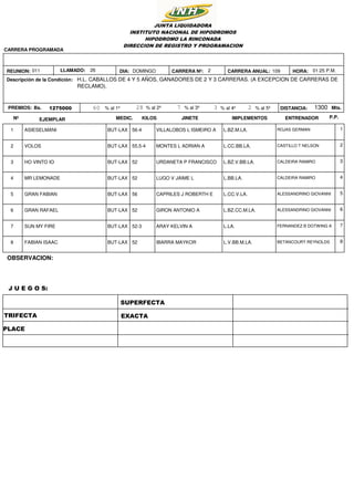 1092DOMINGO
1275000 1300
01:25 P.M.HORA:
DISTANCIA: Mts.Bs.
H.L. CABALLOS DE 4 Y 5 AÑOS, GANADORES DE 2 Y 3 CARRERAS. (A EXCEPCION DE CARRERAS DE
RECLAMO).
JUNTA LIQUIDADORA
INSTITUTO NACIONAL DE HIPODROMOS
HIPODROMO LA RINCONADA
DIRECCION DE REGISTRO Y PROGRAMACION
Descripción de la Condición:
REUNION: DIA:011
CARRERA PROGRAMADA
PREMIOS: 60 28 7 23% al 1º % al 2º % al 3º % al 4º % al 5º
CARRERA Nº: CARRERA ANUAL:LLAMADO: 26
Nº EJEMPLAR KILOSMEDIC. JINETE IMPLEMENTOS ENTRENADOR P.P.
1 ASIESELMANI BUT-LAX ROJAS GERMANVILLALOBOS L ISMEIRO A L.BZ.M.LA.56-4 1
2 VOLOS BUT-LAX CASTILLO T NELSONMONTES L ADRIAN A L.CC.BB.LA.55,5-4 2
3 HO VINTO IO BUT-LAX CALDEIRA RAMIROURDANETA P FRANCISCO L.BZ.V.BB.LA.52 3
4 MR LEMONADE BUT-LAX CALDEIRA RAMIROLUGO V JAIME L L.BB.LA.52 4
5 GRAN FABIAN BUT-LAX ALESSANDRINO GIOVANNICAPRILES J ROBERTH E L.CC.V.LA.56 5
6 GRAN RAFAEL BUT-LAX ALESSANDRINO GIOVANNIGIRON ANTONIO A L.BZ.CC.M.LA.52 6
7 SUN MY FIRE BUT-LAX FERNANDEZ B DOTWING AARAY KELVIN A L.LA.52-3 7
8 FABIAN ISAAC BUT-LAX BETANCOURT REYNOLDSIBARRA MAYKOR L.V.BB.M.LA.52 8
TRIFECTA
SUPERFECTA
PLACE
EXACTA
OBSERVACION:
J U E G O S:
 