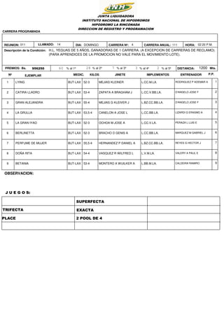 1114DOMINGO
956250 1200
02:20 P.M.HORA:
DISTANCIA: Mts.Bs.
H.L. YEGUAS DE 5 AÑOS, GANADORAS DE 1 CARRERA. (A EXCEPCION DE CARRERAS DE RECLAMO).
(PARA APRENDICES DE LA PROMOCION NO VALE PARA EL MOVIMIENTO LOTE).
JUNTA LIQUIDADORA
INSTITUTO NACIONAL DE HIPODROMOS
HIPODROMO LA RINCONADA
DIRECCION DE REGISTRO Y PROGRAMACION
Descripción de la Condición:
REUNION: DIA:011
CARRERA PROGRAMADA
PREMIOS: 60 28 7 23% al 1º % al 2º % al 3º % al 4º % al 5º
CARRERA Nº: CARRERA ANUAL:LLAMADO: 14
Nº EJEMPLAR KILOSMEDIC. JINETE IMPLEMENTOS ENTRENADOR P.P.
1 LYING BUT-LAX RODRIGUEZ P ADEMAR AMEJIAS KLEINER L.CC.M.LA.52-3 1
2 CATIRA LLADRO BUT-LAX D'ANGELO JOSE FZAPATA A BRAGHAM J L.CC.V.BB.LA.53-4 2
3 GRAN ALEJANDRA BUT-LAX D'ANGELO JOSE FMEJIAS G KLEIVER J L.BZ.CC.BB.LA.55-4 3
4 LA GRULLA BUT-LAX LIZARDI G ERASMO ACANELON A JOSE L L.CC.BB.LA.53,5-4 4
5 LA GRAN IYAO BUT-LAX PERAZA L LUIS EOCHOA M JOSE A L.CC.V.LA.52-3 5
6 BERLINETTA BUT-LAX MARQUEZ M GABRIEL JBRACHO D GENIS A L.CC.BB.LA.52-3 6
7 PERFUME DE MUJER BUT-LAX REYES G HECTOR JHERNANDEZ P DANIEL A L.BZ.CC.BB.LA.55,5-4 7
8 DOÑA RITA BUT-LAX VALERY A PAUL EVASQUEZ R WILFRED L L.V.M.LA.54-4 8
9 BETANIA BUT-LAX CALDEIRA RAMIROMONTERO A WUILKER A L.BB.M.LA.53-4 9
TRIFECTA
SUPERFECTA
PLACE
EXACTA
2 POOL DE 4
OBSERVACION:
J U E G O S:
 